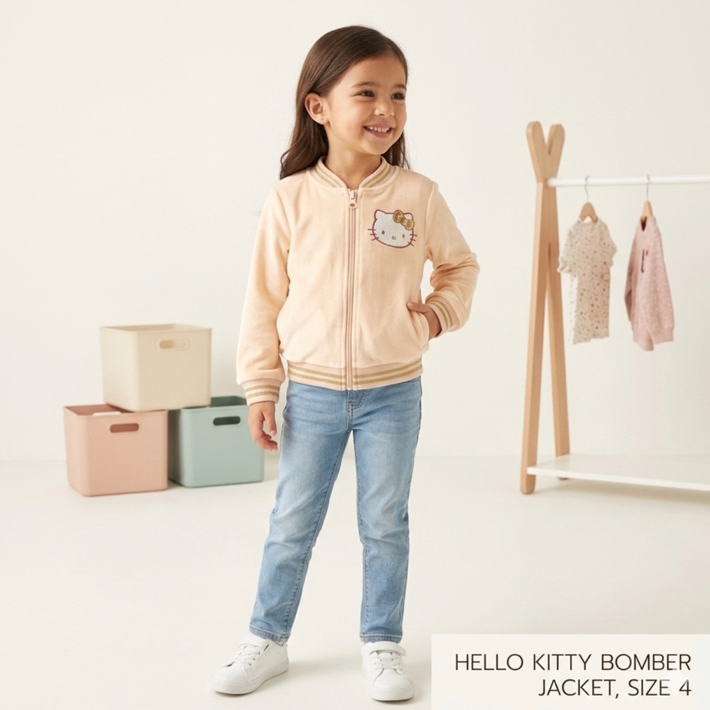 HELLO KITTY Girls Velour Pink/Peach Gold Shimmer Bomber Jacket Sequin Zip-Up